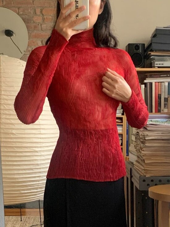 Issey Miyake Tops - Issey Miyake Chiffon Twist Turtleneck Dark Red JP2
